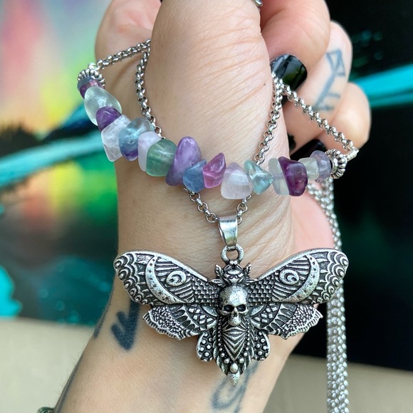Double layer moth skull moon charm & gems of your choice goth boho necklace - Picture 5 of 13